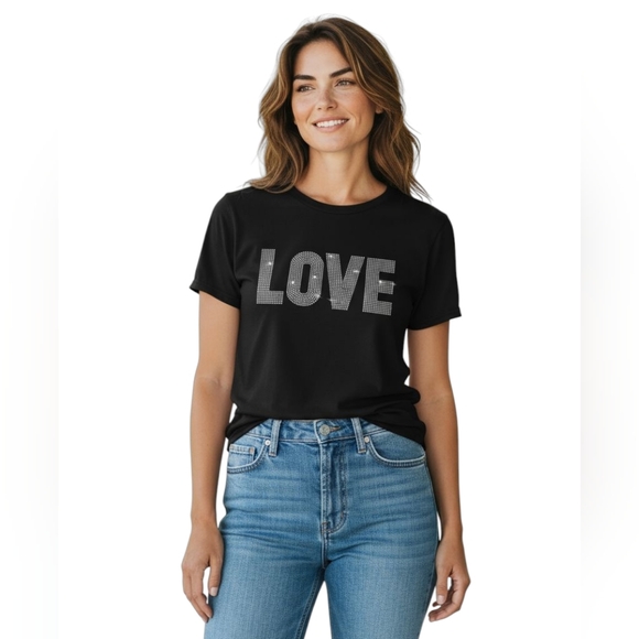NWT "LOVE" Bling Rhinestone Stretch Black Short Sleeve Top - Picture 1 of 4
